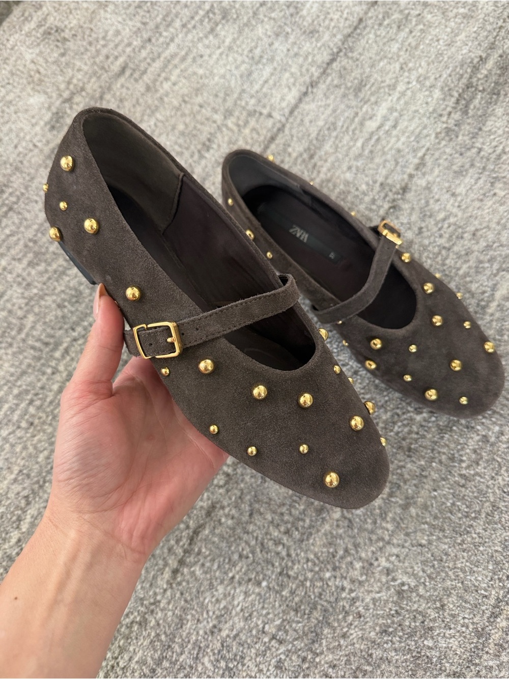 Zara Dark Brown Suede Mary Jane Flats with Gold Studs